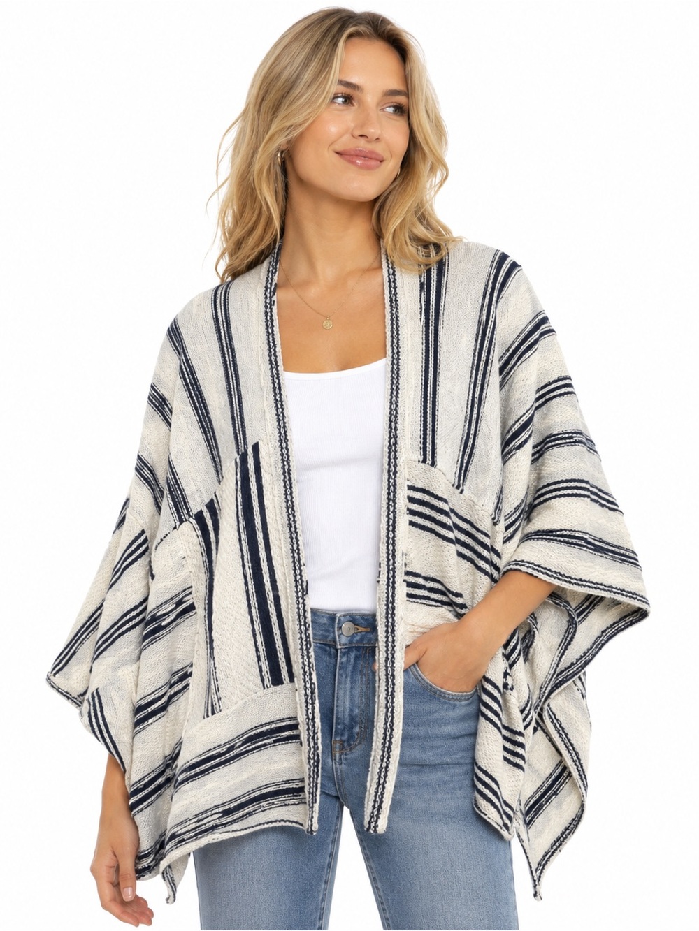 Polo Ralph Lauren Oversized Poncho Navy Cream Striped Knit Open Front Cape